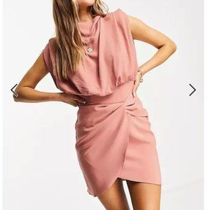 ASOS DESIGN cowl neck blouson mini dress with twist skirt in terracotta